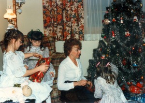 Christmas morning. L to R Me age 9, Kelli, my grandmother, Kristin